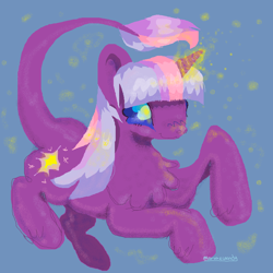 Size: 2700x2700 | Tagged: safe, artist:larvaecandy, twilight sparkle, twilight twinkle, pony, unicorn, g3, g4, alternate color palette, blue background, blue eyes, chest fluff, colored pupils, female, glowing, glowing horn, high res, hooves in air, horn, leonine tail, magic, mare, ms paint, multicolored mane, multicolored tail, no mouth, purple coat, race swap, shiny mane, shiny tail, signature, simple background, solo, sparkles, straight mane, tail, unicorn horn, unicorn twilight, watermark, wingding eyes