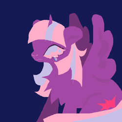 Size: 2700x2700 | Tagged: safe, artist:larvaecandy, twilight sparkle, twilight twinkle, alicorn, pony, g3, g4, alicornified, big ears, blue background, chest fluff, colored, colored pupils, crying, female, flat colors, high res, limited palette, lineless, mare, ms paint, no catchlights, pink eyes, profile, purple coat, race swap, simple background, sitting, solo, species swap, spread wings, straight mane, straight tail, tail, teardrop, twilight sparkle (alicorn), two toned eyes, two toned mane, two toned tail, wingding eyes, wings