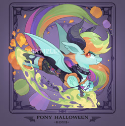 Size: 1024x1032 | Tagged: safe, artist:koyii-kong, rainbow dash, demon, demon pony, pony, g4, bucking, female, fire, flying, grin, halloween, holiday, mare, pumpkin, smiling, solo, spread wings, wings