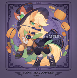 Size: 1024x1032 | Tagged: safe, artist:koyii-kong, applejack, earth pony, pony, g4, boots, candy, clothes, dress, female, food, halloween, hat, holiday, mare, pumpkin, rearing, shoes, solo, top hat, whip