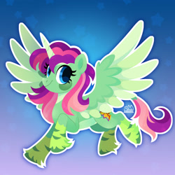 Size: 1920x1920 | Tagged: safe, artist:kabuvee, oc, oc only, alicorn, pony, alicorn oc, female, gradient background, horn, mare, smiling, solo, spread wings, unshorn fetlocks, wings