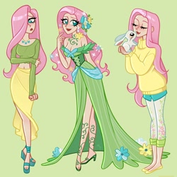 Size: 1200x1200 | Tagged: source needed, safe, artist:ramba, fluttershy, human, g4, belly button, clothes, dress, ear piercing, earring, feet, female, flats, flower, flower in hair, gala dress, green background, hair over one eye, high heels, humanized, jewelry, light skin, midriff, necklace, piercing, sandals, shoes, shorts, simple background, skirt, solo, sweater, sweatershy