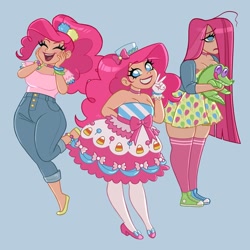 Size: 1200x1200 | Tagged: source needed, safe, artist:ramba, gummy, pinkie pie, alligator, human, g4, :p, alternate hairstyle, anklet, blue background, bracelet, choker, clothes, converse, denim, dress, female, flats, gala dress, gloves, grin, hat, humanized, jeans, jewelry, pants, pinkamena diane pie, plump, shoes, simple background, skirt, smiling, socks, solo, stocking feet, thigh socks, tongue out
