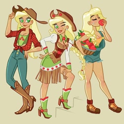 Size: 1200x1200 | Tagged: source needed, safe, artist:ramba, applejack, human, g4, applejack's hat, boots, clothes, cowboy boots, cowboy hat, denim, dress, ear piercing, earring, female, flannel, freckles, gala dress, green background, grin, hat, high heel boots, high heels, humanized, jeans, jewelry, one eye closed, overalls, pants, piercing, shirt, shoes, simple background, smiling, socks, solo, wink