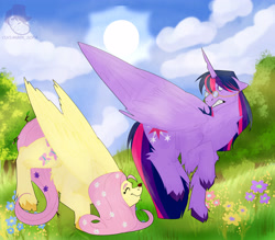 Size: 4000x3500 | Tagged: safe, artist:sofa666cucumber, fluttershy, twilight sparkle, alicorn, insect, ladybug, pegasus, pony, g4, duo, female, flower, flower in hair, glasses, high res, insect on nose, large wings, mare, modern art, optical illusion, twilight hates ladybugs, twilight sparkle (alicorn), wings