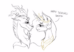Size: 4093x2894 | Tagged: safe, artist:ruby gilbert, artist:rubyart44, discord, princess celestia, g4, antlers, beard, blushing, bust, commissioner:zcord, crown, discord day, facial hair, female, heart, high res, horn, imminent kissing, interspecies, jewelry, looking at each other, looking at someone, male, portrait, regalia, ship:dislestia, shipping, simple background, sketch, snaggletooth, straight, traditional art, white background