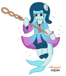 Size: 760x880 | Tagged: safe, artist:bloonacorn, oc, oc only, oc:whaletail, merpony, bubble, dorsal fin, fin, fish tail, hat, ocean, simple background, staff, swimming, tail, transparent background, underwater, water