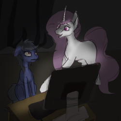 Size: 1000x1000 | Tagged: safe, artist:woons, derpibooru exclusive, princess celestia, oc, oc:buckshot, princess molestia, g4, annoyed, computer, drawing tablet, duo, female, mare, sketch