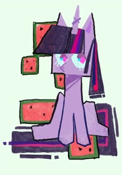 Size: 1640x2360 | Tagged: safe, artist:meowmeows, twilight sparkle, pony, unicorn, g4, abstract background, cubism, female, food, mare, modern art, sitting, solo, unicorn twilight, watermelon