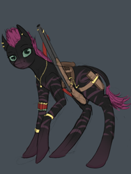 Size: 1500x2000 | Tagged: safe, artist:woons, derpibooru exclusive, oc, oc only, zebra, ear piercing, earring, female, gun, jewelry, mare, piercing, simple background, solo, weapon, zebra oc