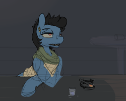 Size: 1250x1000 | Tagged: safe, artist:woons, derpibooru exclusive, oc, oc only, oc:buckshot, cigarette, clothes, ear piercing, facial hair, female, glass, mare, piercing, sharp teeth, shot glass, sketch, teeth