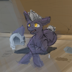 Size: 2000x2000 | Tagged: safe, artist:woons, derpibooru exclusive, oc, oc only, oc:stygius, bat pony, pony, fallout equestria, fallout equestria: project horizons, armor, bat pony oc, chalk, chalkboard, fanfic art, helmet, high res, male, solo