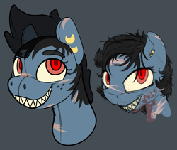 Size: 1940x1640 | Tagged: safe, artist:woons, derpibooru exclusive, oc, oc only, oc:buckshot, inflatable pony, blood, bloodshot eyes, ear piercing, freckles, inflatable, piercing, sharp teeth, simple background, teeth