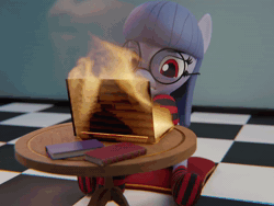 Size: 1440x1080 | Tagged: safe, artist:the luna fan, oc, oc only, oc:cosmia nebula, earth pony, pony, 3d, animated, blender, blender cycles, book, choker, clothes, computer, fire, glasses, indoors, laptop computer, socks, solo, sound, striped socks, table, webm