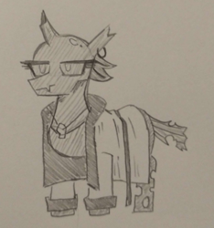 Size: 586x625 | Tagged: safe, artist:jargon scott, oc, oc:whore bug, changeling, changeling oc, clothes, female, grayscale, lidded eyes, monochrome, open robe, pencil drawing, prostitute, robe, solo, traditional art