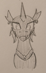 Size: 407x641 | Tagged: safe, artist:jargon scott, oc, oc only, oc:whore bug, changeling, bust, changeling oc, female, grayscale, looking at you, monochrome, pencil drawing, smiling, smiling at you, solo, traditional art