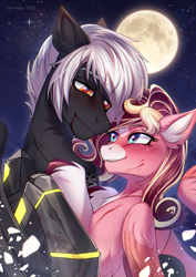 Size: 2480x3507 | Tagged: safe, artist:fenwaru, oc, oc only, oc:folgore, oc:stormy ruin, cyborg, cyborg pony, pony, fanfic:iron hearts, amputee, amulet, blood, crossover, cultist, duo, duo male and female, eye contact, female, high res, hug, injured, jewelry, khorne, looking at each other, looking at someone, male, mark of khorne, moon, night, prosthetic leg, prosthetic limb, prosthetics, romance, warhammer (game), warhammer 40k