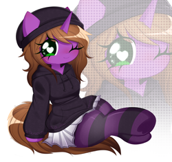Size: 2560x2412 | Tagged: safe, alternate character, alternate version, artist:arwencuack, oc, oc only, unicorn, anthro, clothes, female, heart, heart eyes, high res, socks, solo, stockings, striped socks, thigh highs, wingding eyes, zoom layer
