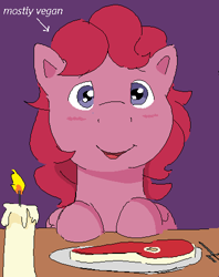 Size: 396x500 | Tagged: safe, artist:kleyime, heart throb, pegasus, pony, g1, candle, date, food, fork, meat, meme, mostly vegan, ms paint, offscreen character, pov, solo, steak