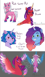 Size: 2560x4311 | Tagged: safe, artist:mythical artist, izzy moonbow, misty brightdawn, opaline arcana, sunny starscout, alicorn, pony, unicorn, g5, alternate hairstyle, alternate universe, artificial horn, artificial wings, augmented, bag, black background, braid, bust, colored hooves, curved horn, cute, dialogue, dragonfire, evil grin, eyeshadow, female, folded wings, freckles, front view, frown, glowing, glowing horn, glowing wings, grin, hoof hold, horn, jewelry, levitation, looking at something, looking up, magic, magic horn, magic wings, makeup, male, mare, markings, marvel, messenger bag, midair, mistybetes, name, necklace, nicealine, profile, race swap, raised hoof, rebirth misty, redesign, reference, role reversal, sad, short hair, simple background, smiling, speech bubble, spider-man, spider-man 2, spread wings, standing, sunny starscout is not amused, sunnycorn, telekinesis, unamused, unshorn fetlocks, white background, wings