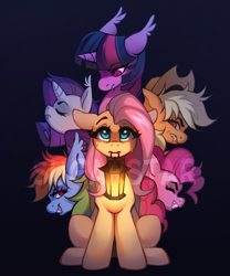 Size: 1181x1417 | Tagged: safe, artist:sugarstar, applejack, fluttershy, pinkie pie, rainbow dash, rarity, twilight sparkle, bat pony, earth pony, pegasus, pony, unicorn, g4, evil, fangs, female, lantern, looking up, mane six, scared