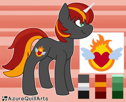 Size: 1280x1040 | Tagged: safe, artist:azure-quill, oc, oc only, oc:mysti inferno, pony, unicorn, color palette, colored horn, cutie mark, femboy, gray coat, green eyes, horn, male, multicolored hair, red hair, reference sheet, smiling, solo, stallion, white horn