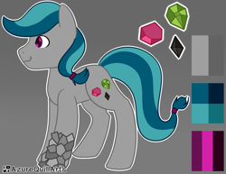 Size: 1280x989 | Tagged: safe, artist:azure-quill, oc, oc only, oc:precious gemstones, crystal pony, earth pony, pony, blue hair, color palette, cutie mark, gray background, gray coat, hair tie, male, purple eyes, reference sheet, simple background, smiling, solo, stallion, two toned hair