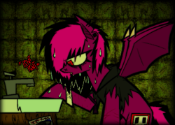 Size: 511x365 | Tagged: safe, artist:xxv4mp_g4z3rxx, oc, oc:violet valium, bat pony, pony, clothes, ear piercing, eyeliner, hoodie, hospital band, makeup, panting, piercing, scar, self harm scars, sink, solo, spread wings, sticker, tail, torn ear, tourniquet, two toned mane, two toned tail, water, wings