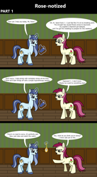 Size: 1920x3516 | Tagged: safe, artist:platinumdrop, roseluck, oc, oc:spiral swirl, earth pony, pony, unicorn, comic:rose-notized, g4, 3 panel comic, comic, commission, dialogue, duo, female, levitation, magic, mare, notebook, pen, pocket watch, pointing, speech bubble, telekinesis, watch