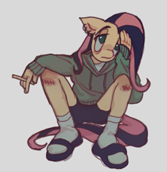 Size: 919x946 | Tagged: safe, artist:fluttershyes, fluttershy, pegasus, anthro, plantigrade anthro, g4, ass, butt, cigarette, clothes, ear piercing, earring, emoshy, female, floppy ears, gray background, hoodie, jewelry, lidded eyes, no pupils, piercing, sandals, scraped knee, shorts, simple background, sitting, socks, solo, supporting head