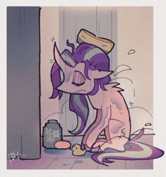 Size: 1111x1183 | Tagged: safe, artist:disaterror, starlight glimmer, pony, unicorn, g4, curved horn, female, horn, mare, rubber duck, shower, showering, sitting, sleeping, soap, solo