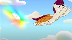 Size: 2731x1533 | Tagged: safe, screencap, rocky riff, pegasus, pony, g5, my little pony: tell your tale, on your cutie marks, spoiler:g5, spoiler:my little pony: tell your tale, spoiler:tyts01e18, beach, flying, freakout, male, open mouth, peril, scared, shrunken pupils, solo, sports, spread wings, stallion, volleyball, wings