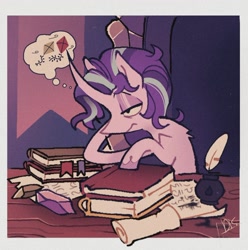 Size: 1200x1209 | Tagged: safe, artist:disaterror, starlight glimmer, pony, unicorn, g4, book, curved horn, female, gem, horn, inkwell, kite, mare, quill, scroll, sitting, solo, thought bubble, tired, unshorn fetlocks