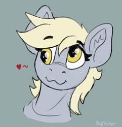 Size: 1525x1581 | Tagged: safe, artist:reddthebat, derpy hooves, pegasus, pony, g4, bust, cute, derpabetes, eyebrows, eyebrows visible through hair, female, floating heart, floppy ears, freckles, green background, heart, mare, signature, simple background, smiling, solo