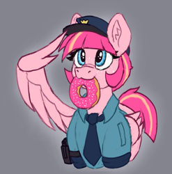 Size: 1777x1795 | Tagged: safe, artist:reddthebat, oc, oc only, oc:sweet serving, pegasus, pony, blue eyes, clothes, cute, donut, female, food, freckles, gray background, hat, mare, mouth hold, necktie, pink pony, police, police officer, police pony, police uniform, salute, simple background, smiling, solo