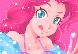 Size: 2048x1431 | Tagged: safe, artist:bonoramo, pinkie pie, human, equestria girls, g4, bare shoulders, close-up, clothes, coat, cute, diapinkes, female, licking, licking lips, looking at you, off shoulder, pink background, simple background, smiling, smiling at you, snow, snowfall, solo, tongue out