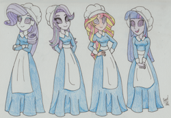 Size: 3367x2326 | Tagged: safe, artist:bageloftime, rarity, starlight glimmer, sunset shimmer, twilight sparkle, human, equestria girls, g4, clothes, dress, female, high res, holiday, hypno eyes, hypnosis, hypnotized, long dress, long skirt, pilgrim outfit, skirt, thanksgiving, traditional art, twilight sparkle (alicorn)