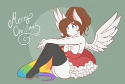 Size: 2048x1366 | Tagged: safe, artist:mscolorsplash, oc, oc only, oc:color splash, pegasus, anthro, plantigrade anthro, alternate hairstyle, bow, christmas, clothes, dress, female, high heels, holiday, mare, merry christmas, shoes, short dress, solo, spread wings, stockings, thigh highs, wings