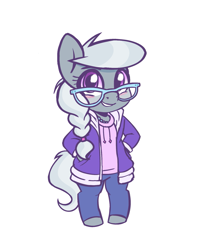 Size: 1391x1720 | Tagged: safe, artist:northglow, silver spoon, earth pony, anthro, g4, blushing, braid, braided ponytail, clothes, cute, female, glasses, jacket, jewelry, looking at you, meganekko, necklace, ponytail, silverbetes, simple background, smiling, smiling at you, solo, white background