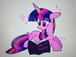 Size: 1024x778 | Tagged: safe, artist:petaltwinkle, twilight sparkle, alicorn, pony, g4, book, eye clipping through hair, female, floppy ears, heart, heart eyes, lying down, mare, prone, reading, smiling, solo, sparkles, that pony sure does love books, twilight sparkle (alicorn), wingding eyes, wip