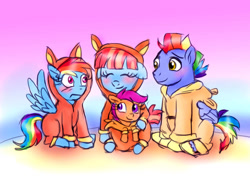 Size: 1024x742 | Tagged: safe, artist:loveless-nights, bow hothoof, rainbow dash, scootaloo, windy whistles, kangaroo, pegasus, pony, g4, ^^, adopted, adopted offspring, blushing, clothes, cosplay, costume, cute, cutealoo, embarrassed, eyes closed, family, father and child, father and daughter, female, filly, floppy ears, foal, male, mare, mother and child, mother and daughter, onesie, parent:bow hothoof, parent:windy whistles, pouch, scootadoption, scootalove, siblings, sisters, sitting, smiling, stallion