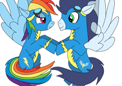 Size: 1009x720 | Tagged: safe, artist:dasher666, artist:purpleslyfox, edit, rainbow dash, soarin', pegasus, pony, g4, clothes, duo, female, male, mare, ship:soarindash, shipping, simple background, stallion, straight, uniform, white background, wonderbolts, wonderbolts uniform