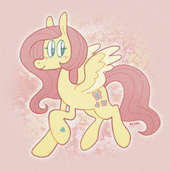 Size: 1225x1234 | Tagged: safe, artist:beyhr, fluttershy, pegasus, pony, g4, blush lines, blushing, colored wings, female, looking sideways, mare, partial background, pink background, raised hoof, simple background, smiling, solo, spread wings, two toned wings, wings