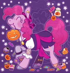 Size: 1481x1552 | Tagged: safe, artist:beyhr, pinkie pie, earth pony, pony, g4, candy, clothes, costume, female, food, halloween, halloween costume, mare, nightmare night costume, open mouth, pirate, pirate costume, pumpkin bucket, purple background, simple background, solo