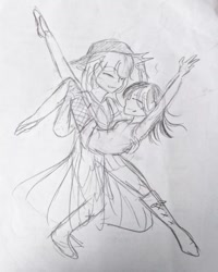 Size: 640x799 | Tagged: safe, artist:snowzaaah, applejack, rainbow dash, human, pony, g4, appledashdailydoodles, dancing, doodle, duo, female, humanized, lesbian, monochrome, pencil drawing, ship:appledash, shipping, sketch, traditional art