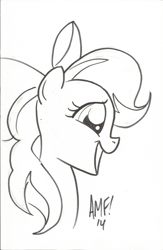 Size: 1251x1920 | Tagged: safe, artist:tony fleecs, oc, oc only, oc:kimi sparkle, pony, bow, bust, commission, female, hair bow, monochrome, old art, open mouth, simple background, sketch, smiling, solo, white background