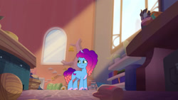 Size: 3072x1727 | Tagged: safe, screencap, misty brightdawn, pony, unicorn, g5, misty moves in, my little pony: tell your tale, spoiler:g5, spoiler:my little pony: tell your tale, spoiler:tyts01e65, crystal brighthouse, eyebrows, female, frown, mare, raised eyebrow, rebirth misty, solo, sweat, sweatdrop