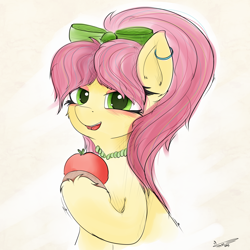 Size: 4000x4000 | Tagged: safe, artist:ser-p, posey bloom, earth pony, pony, g5, absurd resolution, apple, bow, bust, colored hooves, ear piercing, earring, female, food, hair bow, hoof hold, jewelry, looking at you, mare, necklace, open mouth, open smile, piercing, raised hoof, simple background, smiling, smiling at you, solo, three quarter view, white background