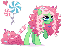 Size: 1542x1167 | Tagged: safe, artist:gihhbloonde, oc, oc only, earth pony, pony, candy, candy corn, candy in hair, cyan eyes, female, food, freckles, gradient mane, gradient tail, leonine tail, lightly watermarked, lollipop, looking up, magical lesbian spawn, mare, mint, offspring, open mouth, parent:minty, parent:pinkie pie, parent:pinkie pie (g3), parents:mintypie, peppermint, raised hoof, simple background, smiling, solo, standing, striped tail, tail, transparent background, watermark