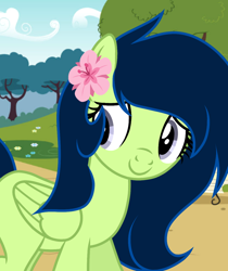 Size: 1080x1287 | Tagged: safe, artist:cstrawberrymilk, oc, oc only, pegasus, pony, g4, bench, female, flower, flower in hair, mare, park, park bench, solo